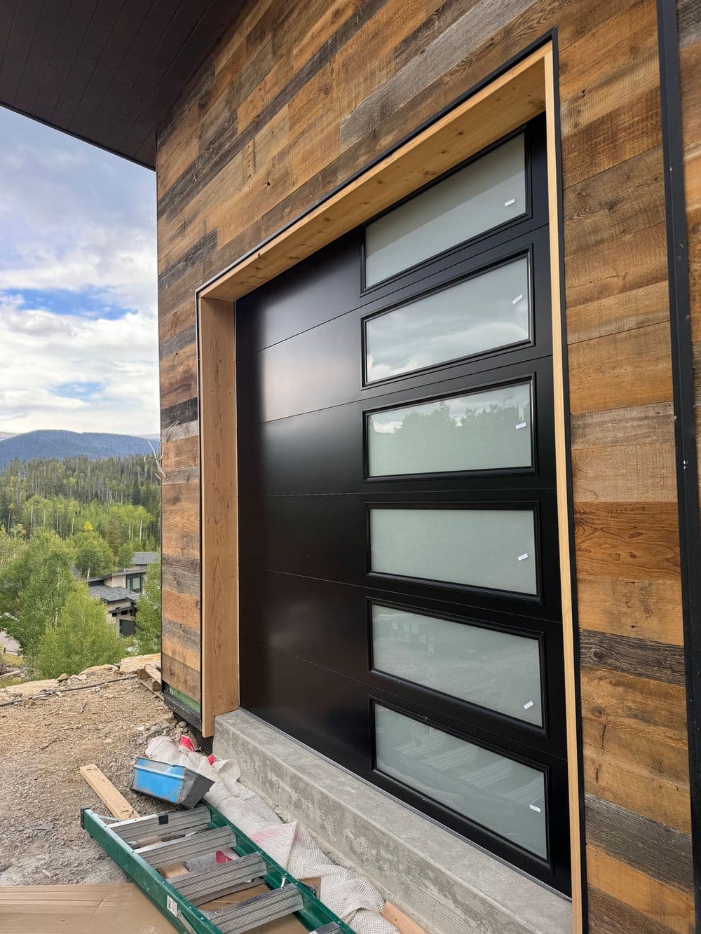 Modern black sliding door with multiple frosted panels, set against wood-paneled exterior.